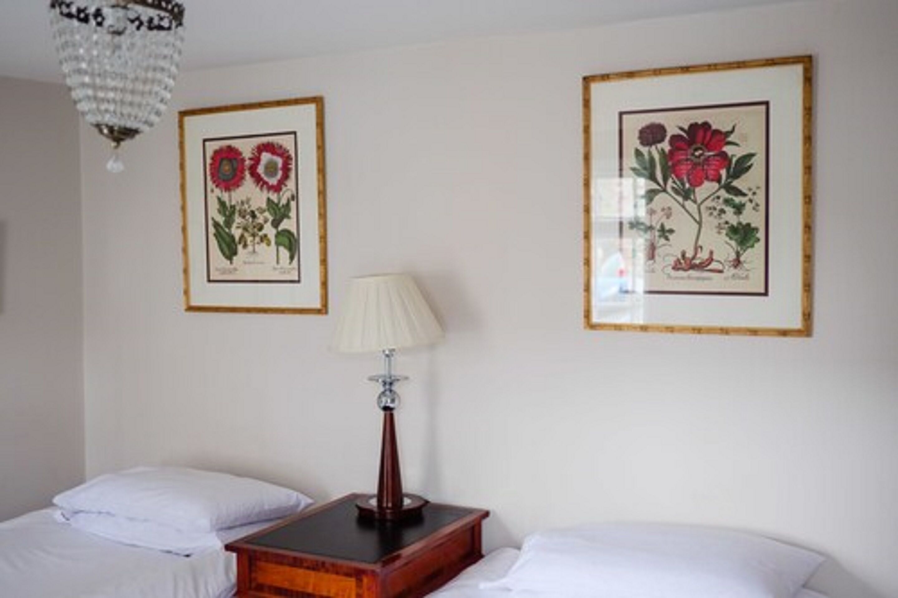 Una camera d'albergo con due letti, un comodino, una lampada e due stampe botaniche incorniciate alle pareti.