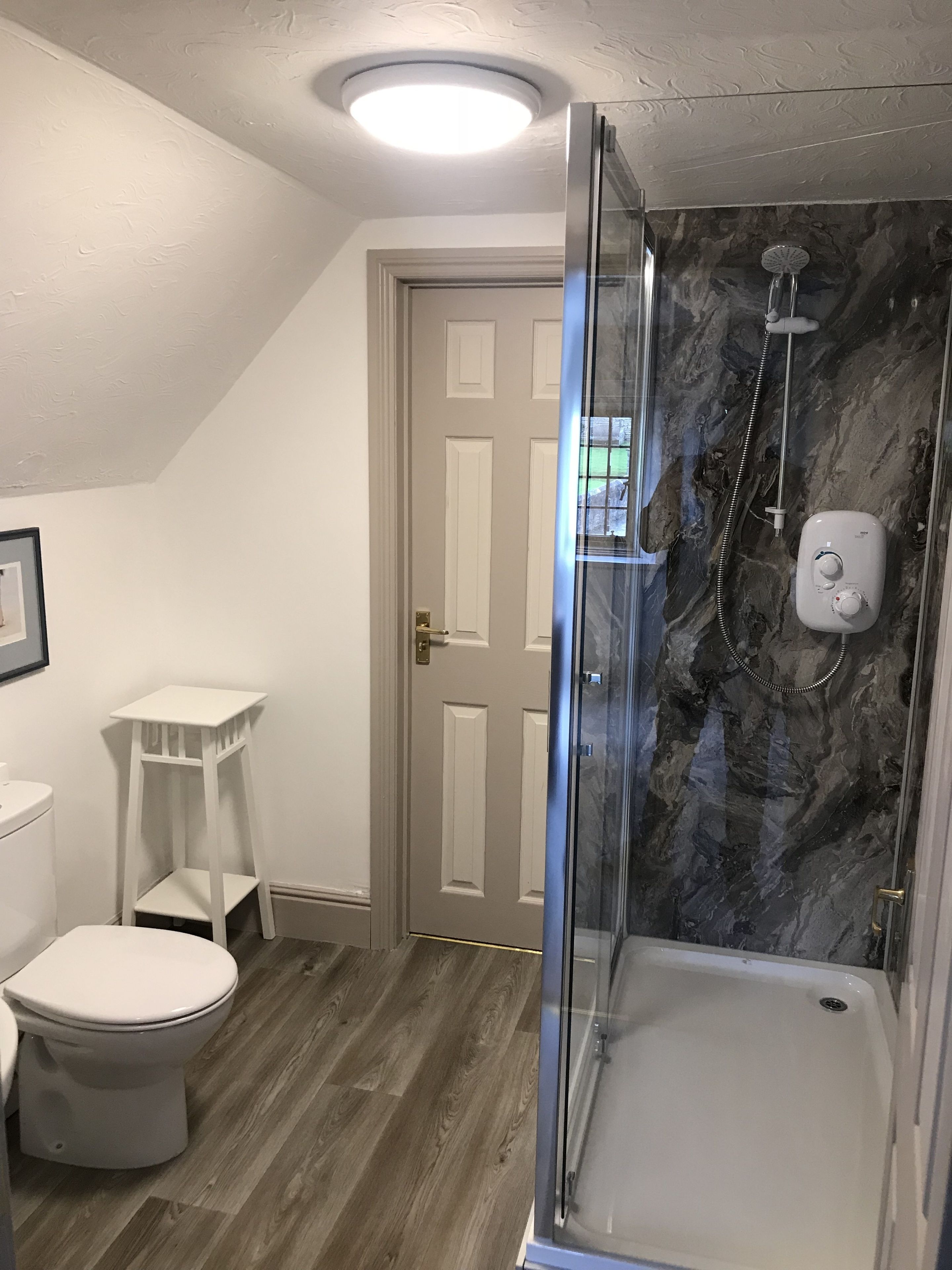 A bathroom with a glass-enclosed shower, a toilet, a small white vanity, and a door leading to another room.