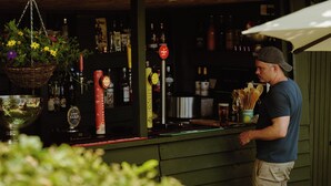 Een bar met een toonbank, diverse flessen en een hangende plant.