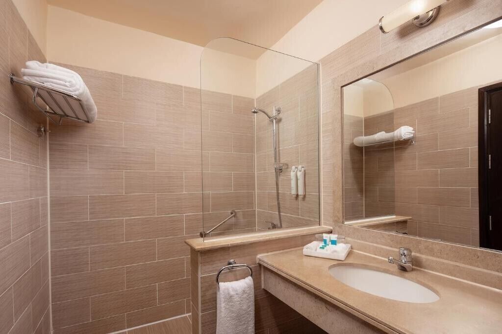 Un baño con un espejo grande, un lavabo y una zona de ducha.