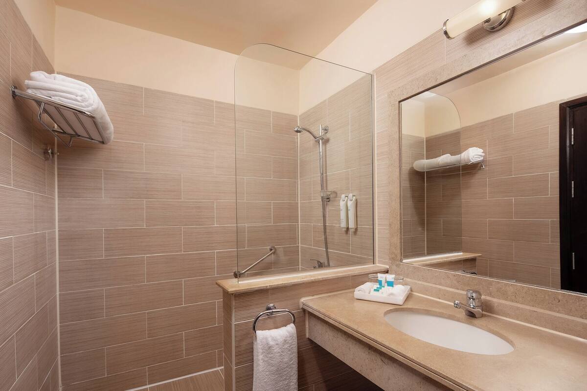 shower, eco-friendly toiletries, hair dryer, towels