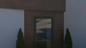 Entrada moderna de un edificio con una puerta grande, dos plantas en macetas y una barandilla metálica.