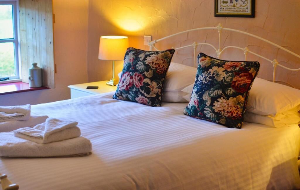 A neatly made bed with floral pillows, a bedside lamp, and a window with a view.