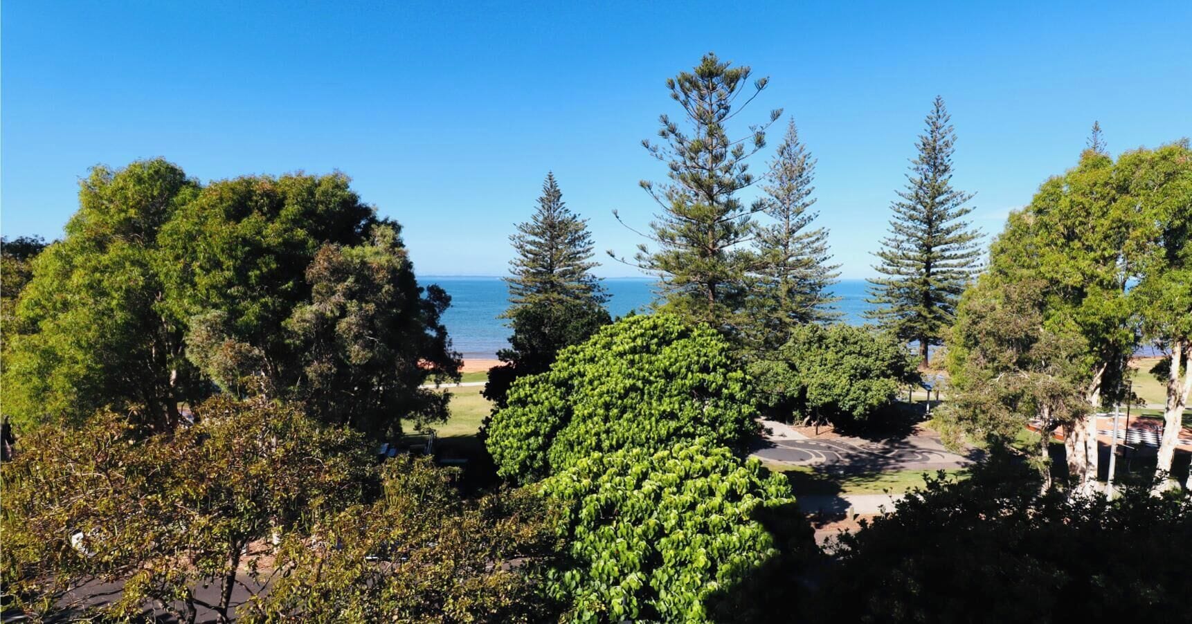 A park with trees, a pathway, and a view of the sea.