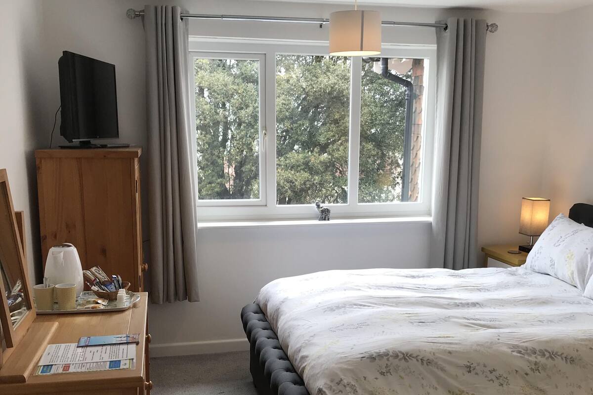 A bedroom with a bed, a desk, a television, and a window with a view of trees.