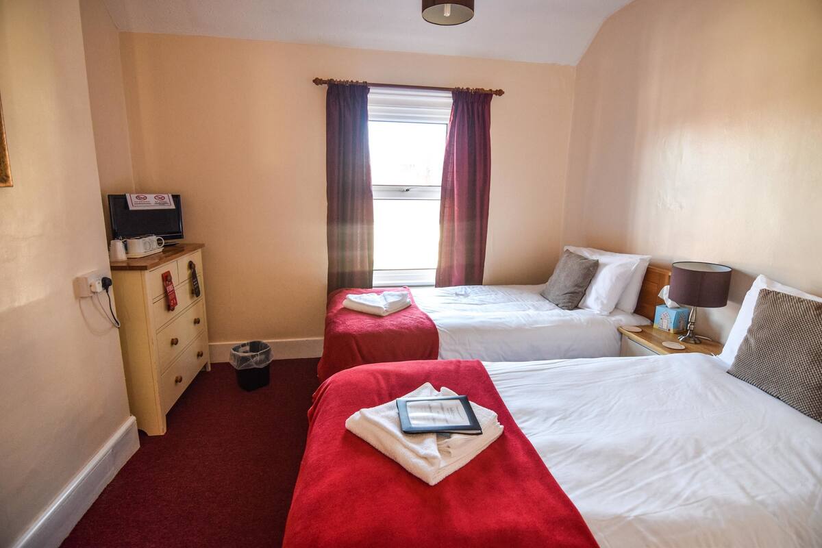 Une chambre d’hôtel avec deux lits, un petit bureau, une télévision et une fenêtre avec des rideaux.