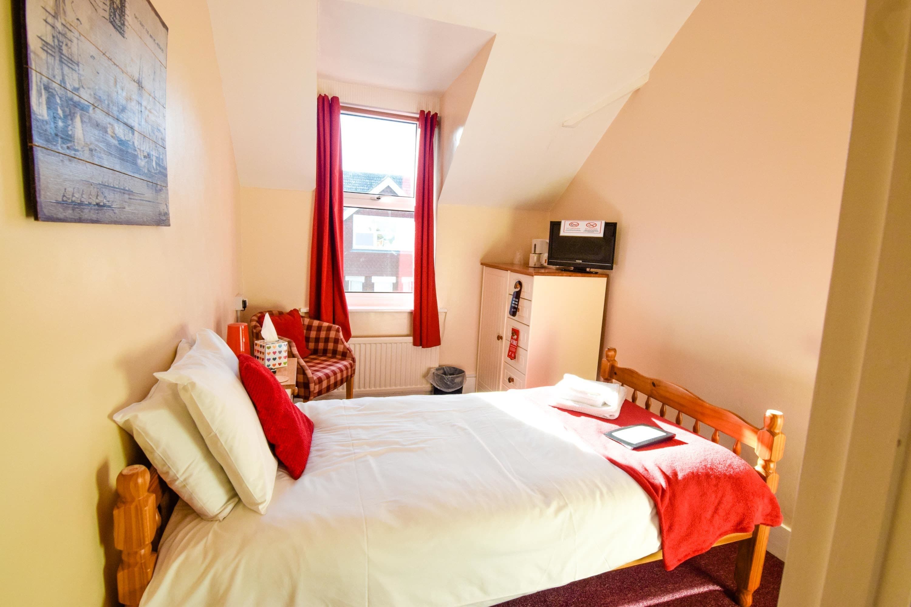 Une chambre à coucher avec un lit, une télévision, une fenêtre avec des rideaux et un tableau au mur.