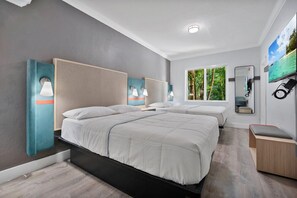 Hypo-allergenic bedding, desk, laptop workspace, blackout curtains