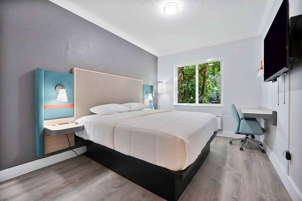 Una camera da letto moderna con un letto grande, comodini, una scrivania e una televisione.