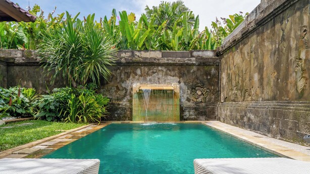 Piscina rectangular con caída de agua, rodeada de abundante vegetación y muros de piedra.