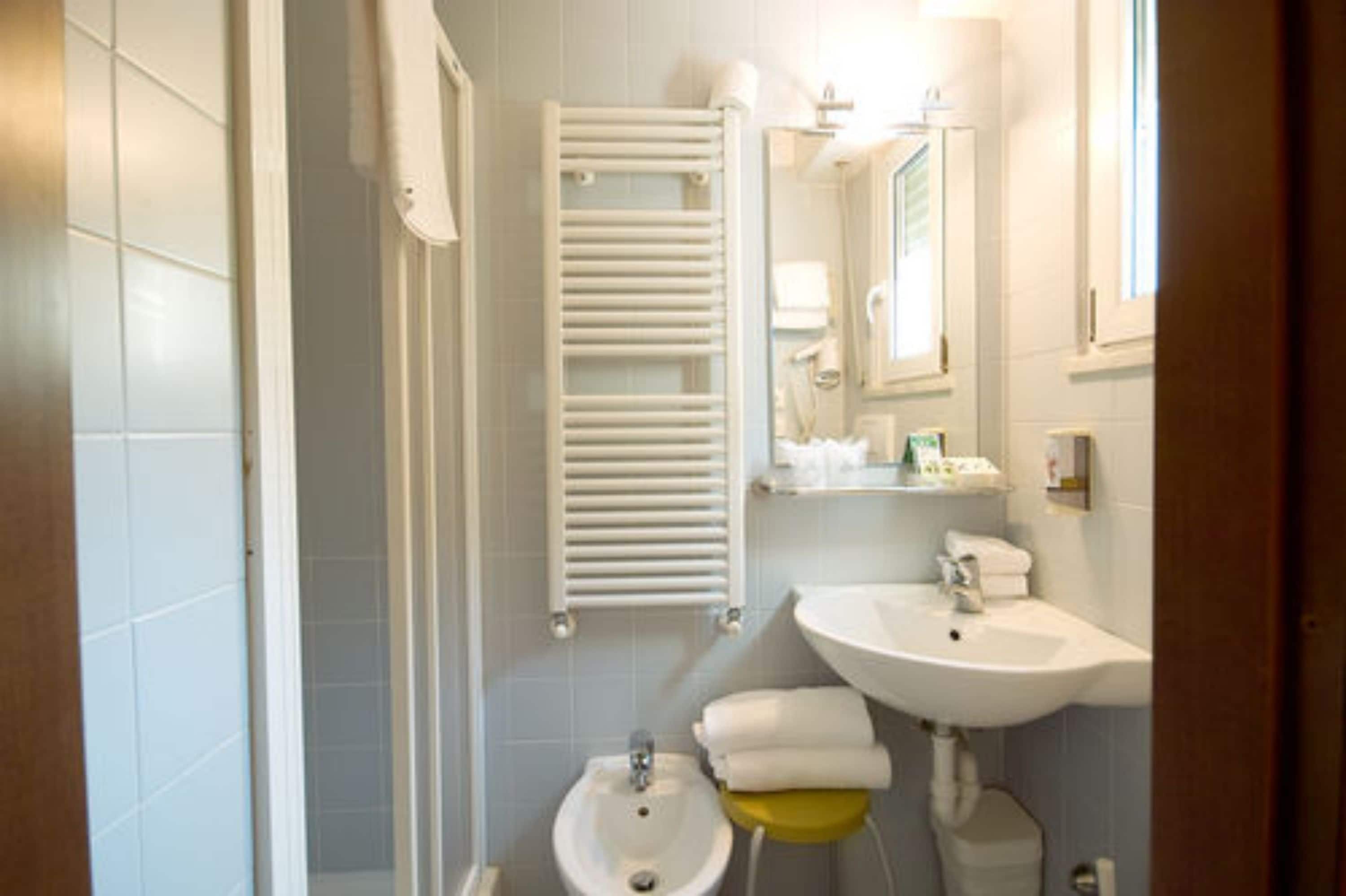 economy double room (lateral garden view) | bathroom | shower, free toiletries, hair dryer, bidet