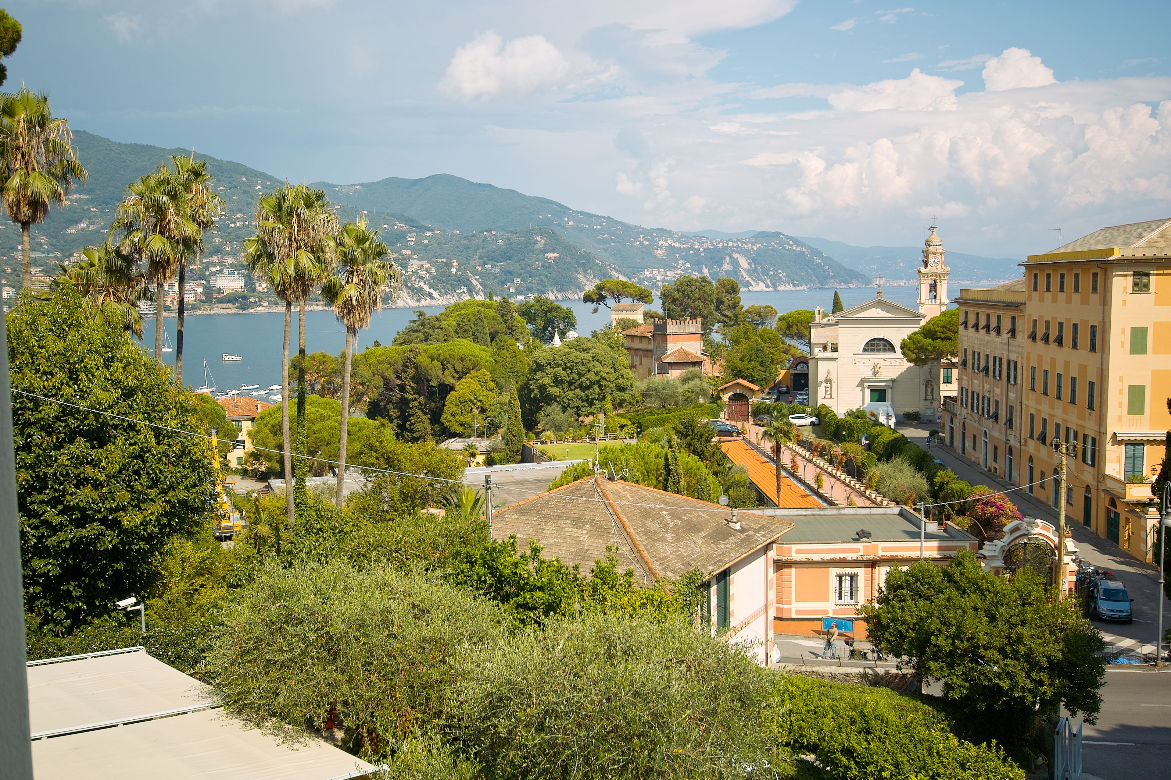 A coastal town with buildings, palm trees, and a view of the sea.