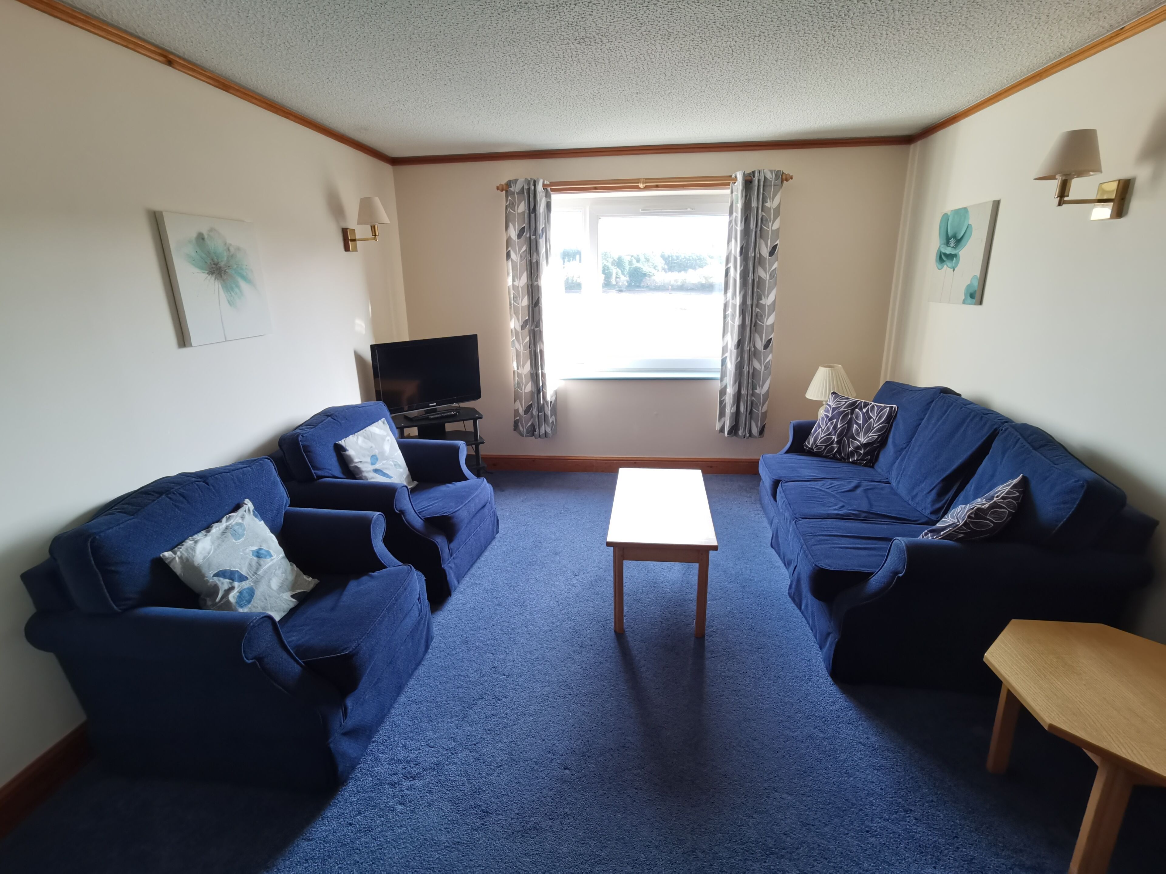 Una sala de estar con dos sofás azules, una mesa de centro de madera, un televisor sobre un mueble bajo y una ventana con cortinas.