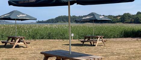 Outdoor picnic tables with attached umbrellas, set in a grassy area with a view of a water body and distant hills.