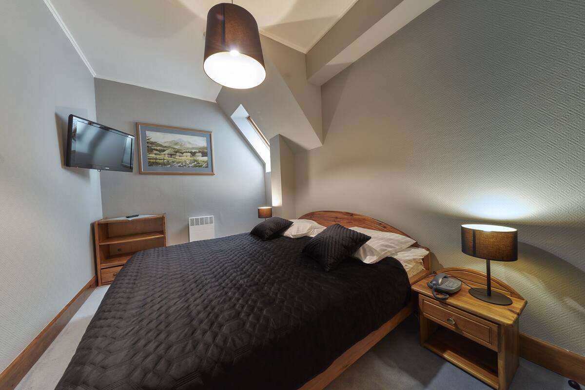 Un dormitorio con cama, mesitas de noche, lámpara, televisor y un cuadro en la pared.