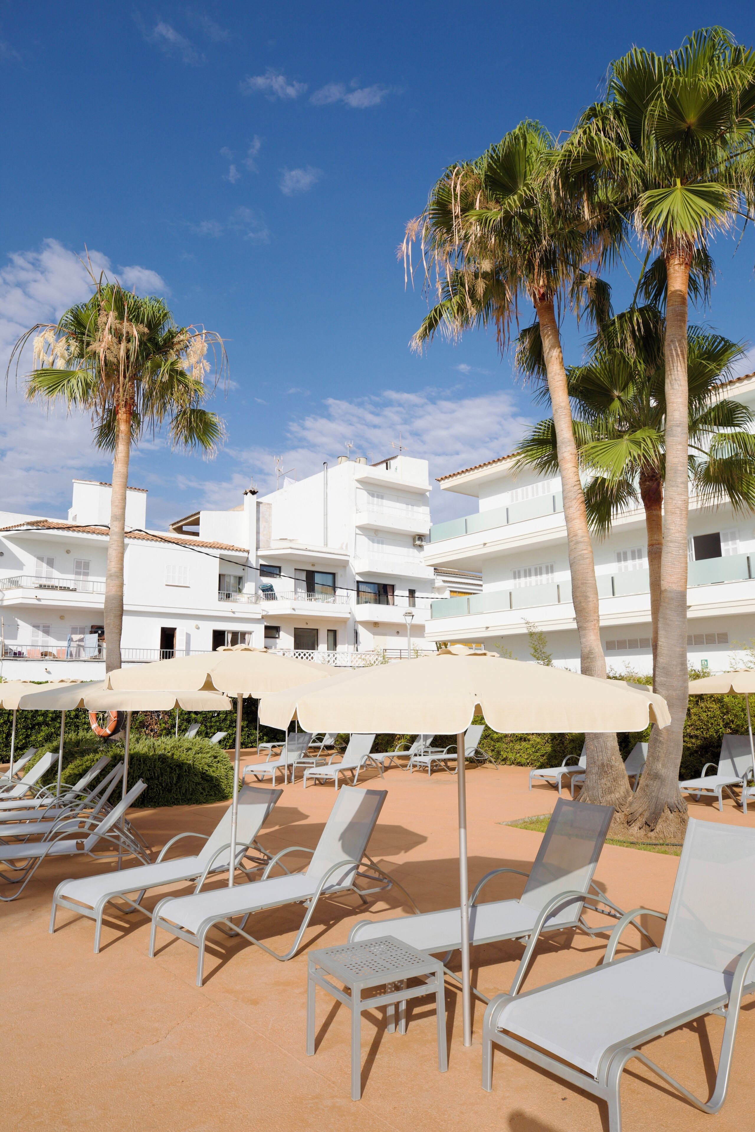 A beachside hotel with white buildings, palm trees, and sun loungers.
