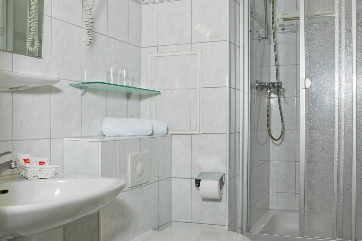 shower, free toiletries, hair dryer, towels