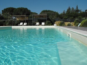 Seasonal outdoor pool, open 9:00 AM to 7:00 PM, pool loungers