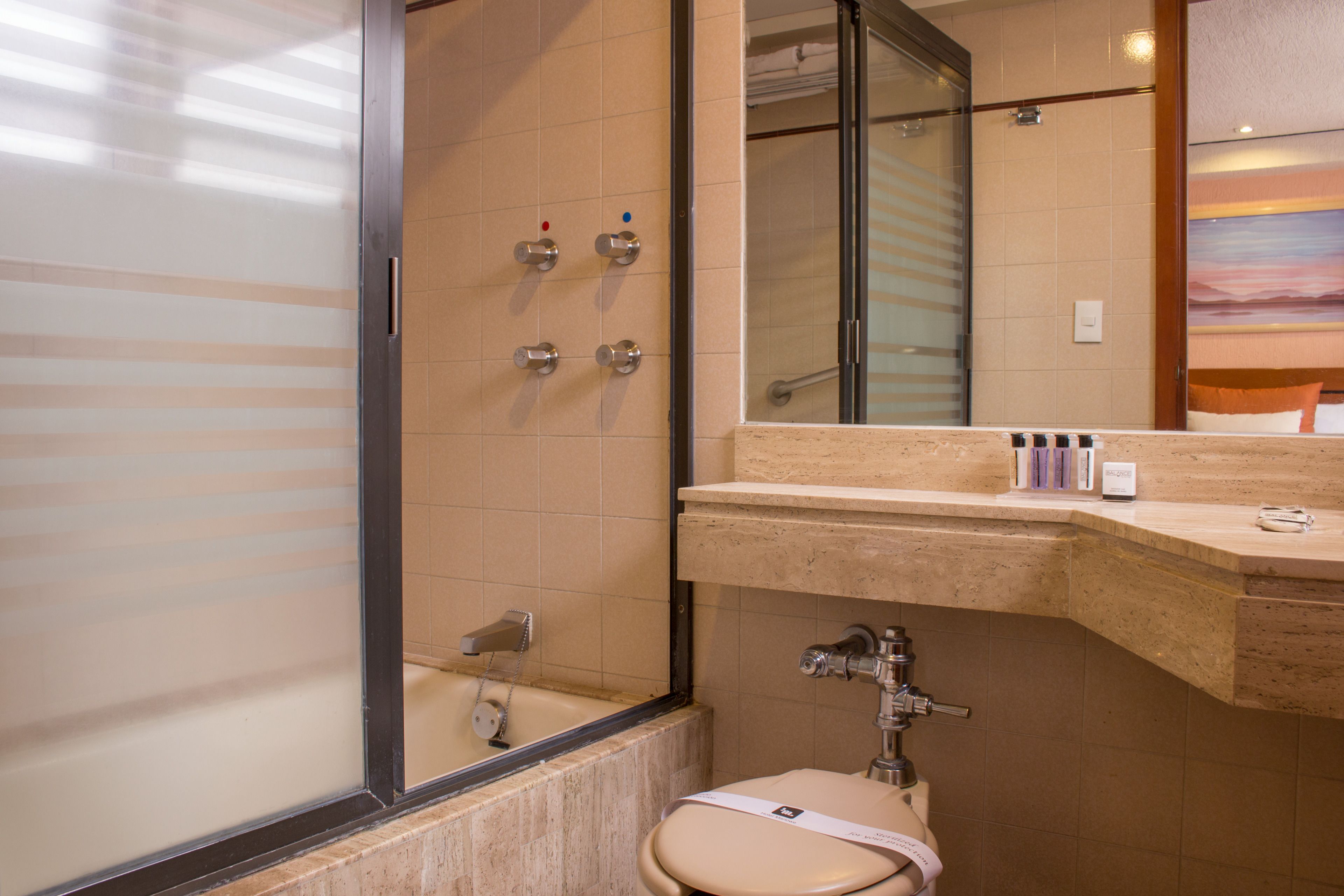 standard double room | bathroom | shower, hair dryer, towels