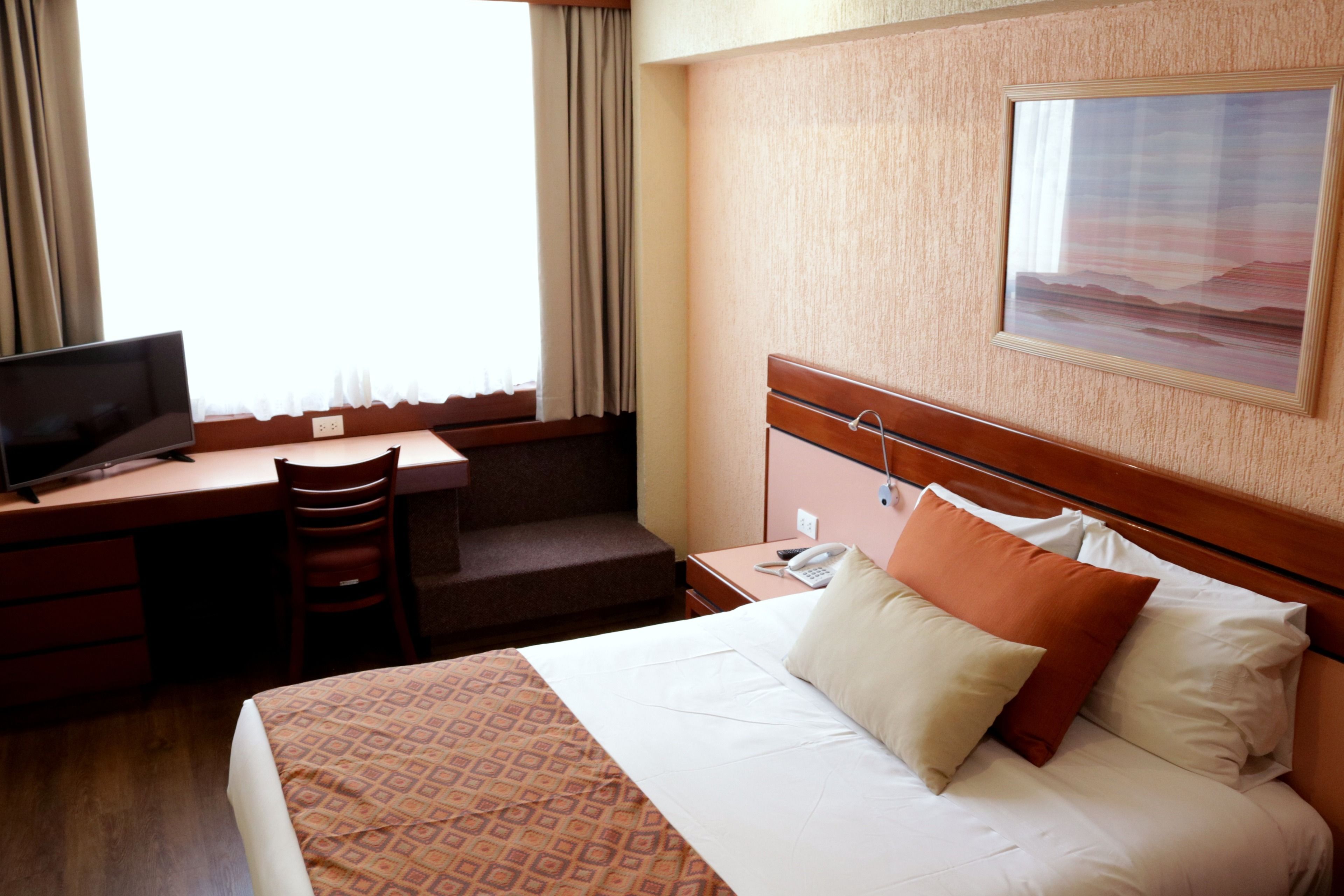 Una habitación de hotel con cama, escritorio, silla, televisor y un cuadro en la pared.
