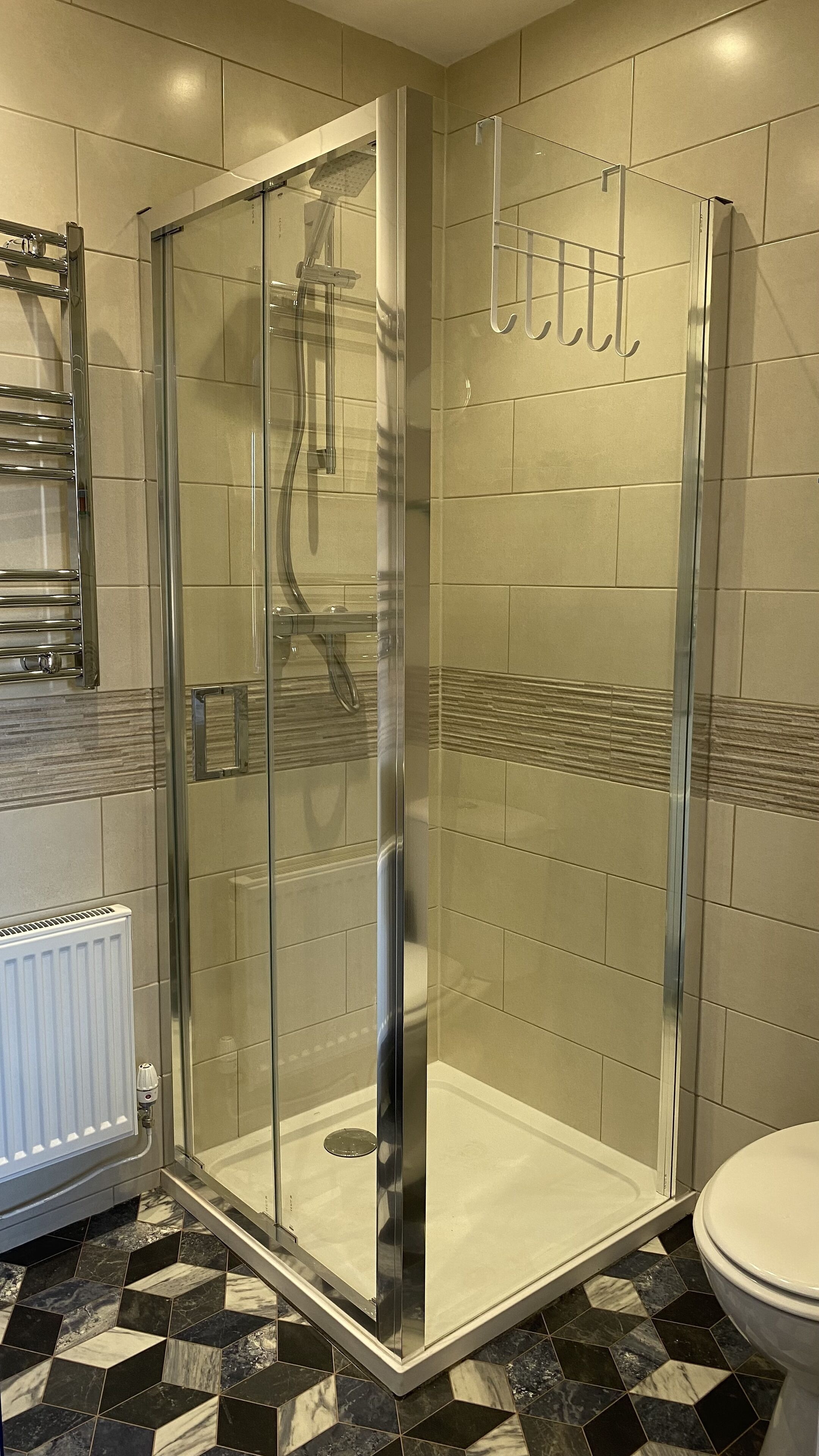 Un baño moderno con ducha envuelta en vidrio, inodoro y radiador.