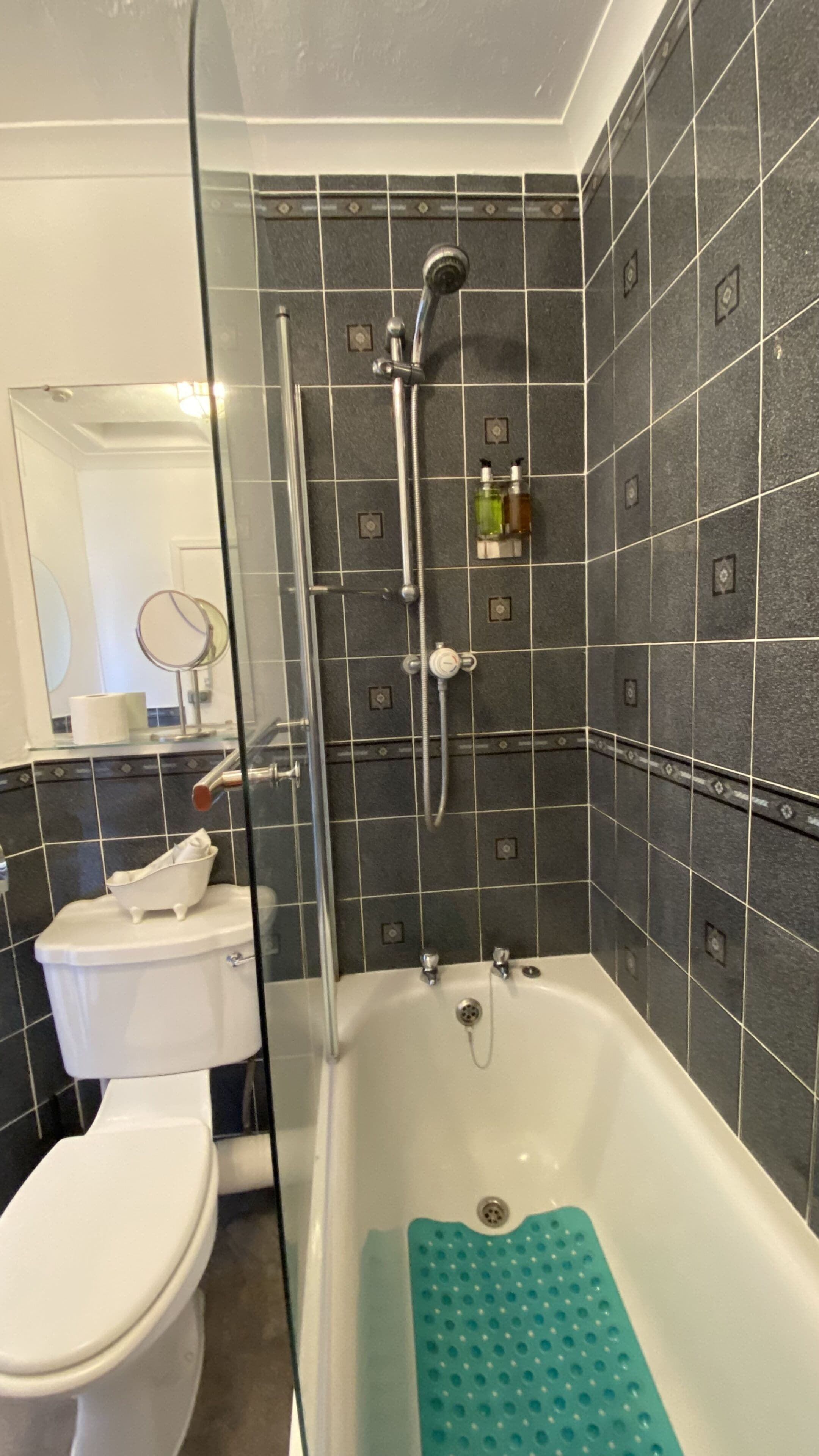 Un baño con bañera, inodoro y espejo.