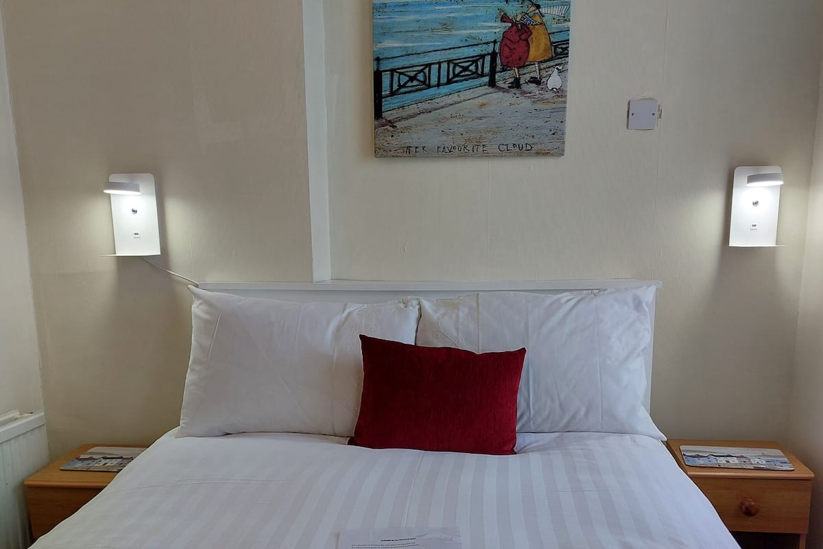 A hotel room with a bed, a red pillow, a white towel, a painting of a beach scene, and two bedside lamps.
