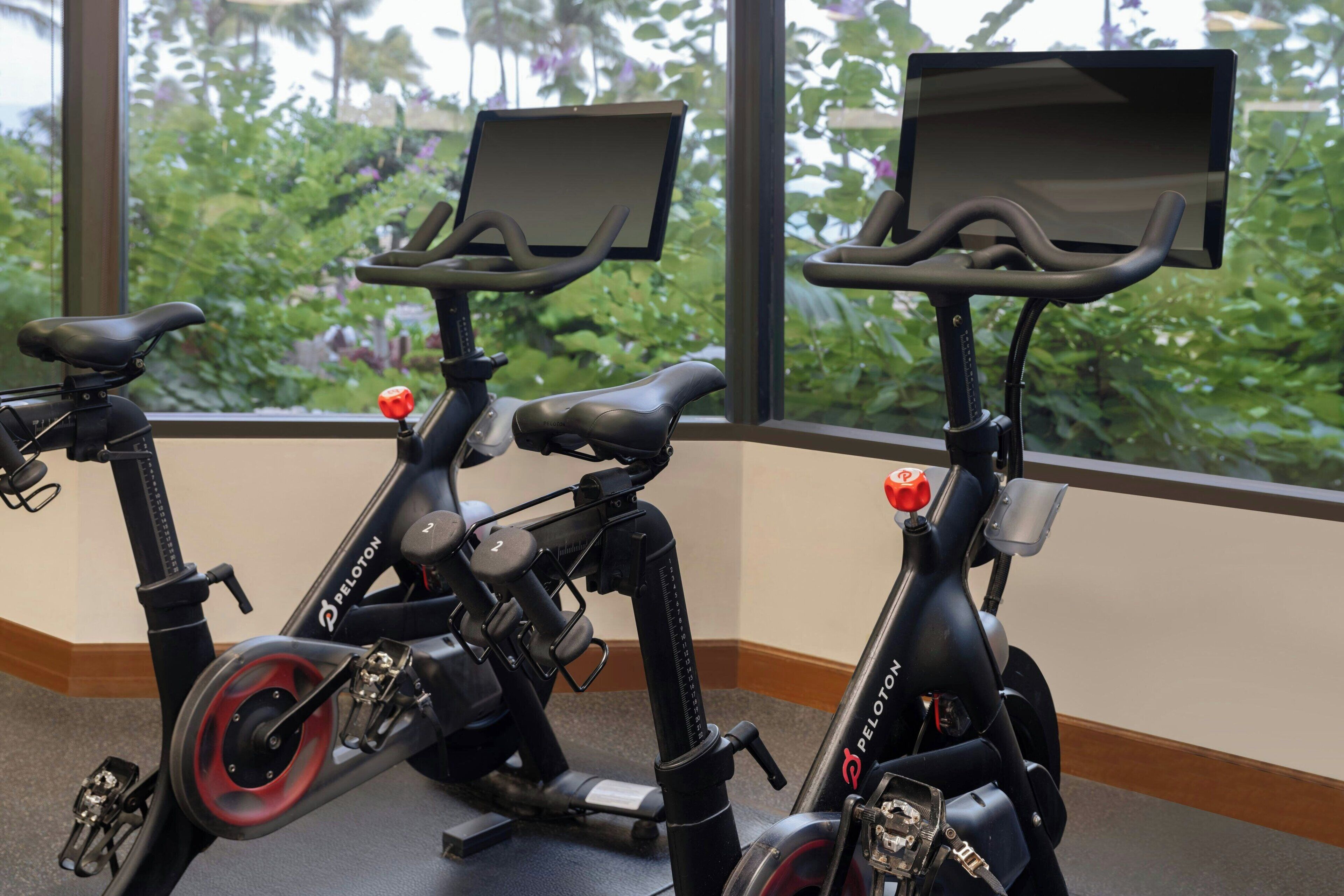Two stationary bikes with screens, positioned near a window with a view of greenery.