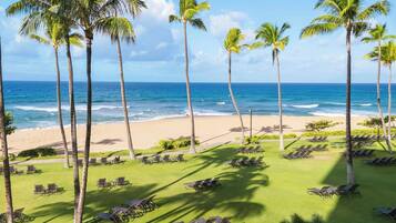 Un resort en la playa con palmeras, sillas de descanso y vista al océano.