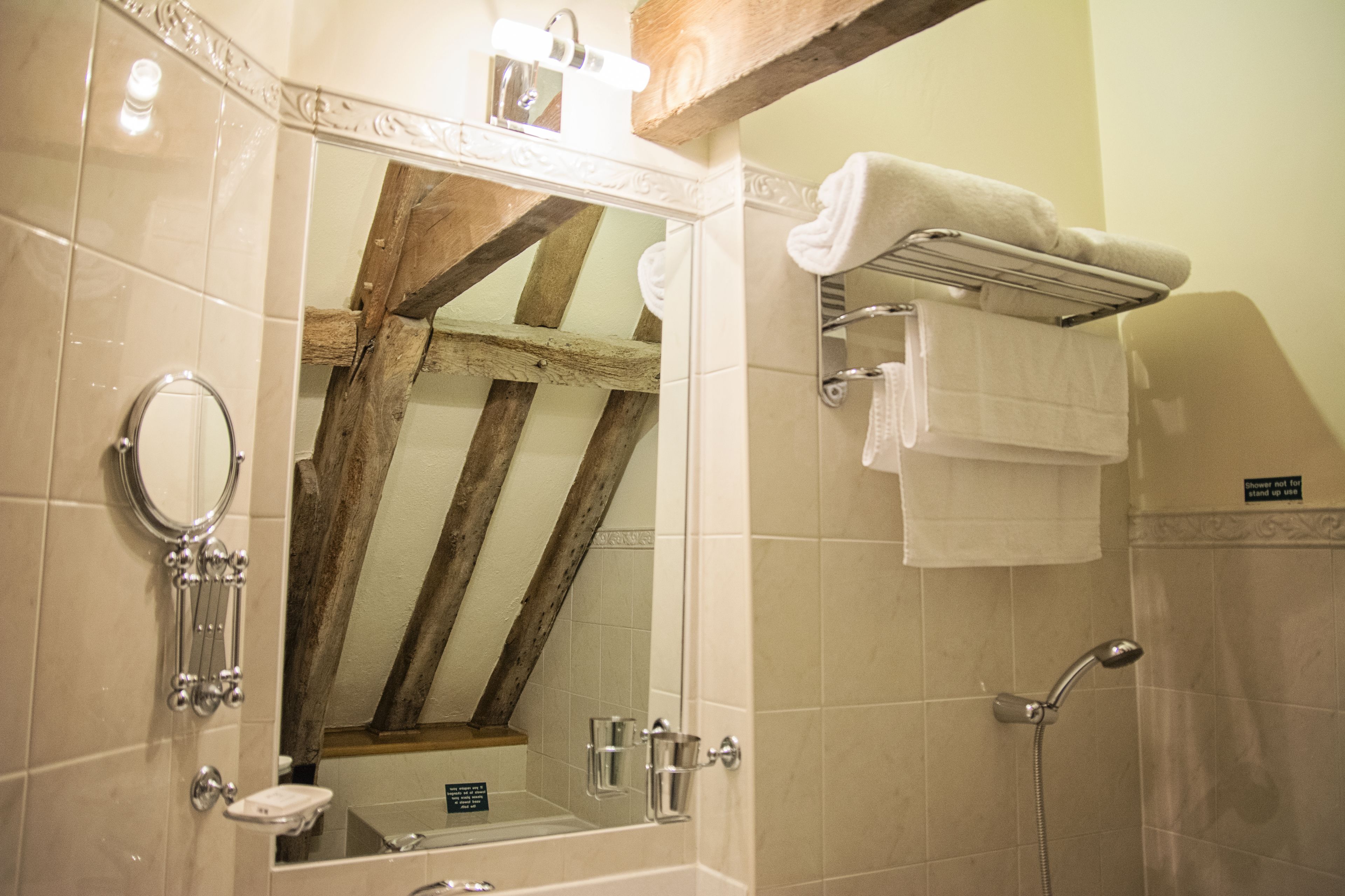 A bathroom with a wooden ceiling, a mirror, a towel rack, and a shower.