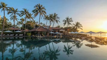 Outdoor pool, pool umbrellas, pool loungers