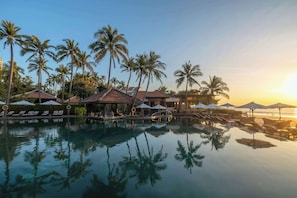 Outdoor pool, pool umbrellas, pool loungers