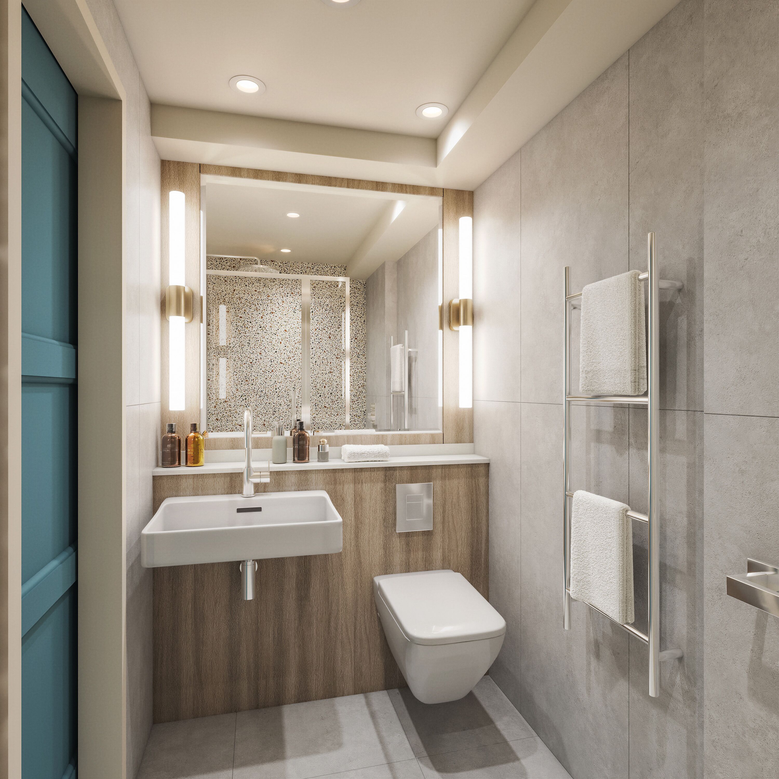 Designer toiletries, hair dryer, bathrobes, towels