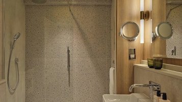 Designer toiletries, hair dryer, bathrobes, towels