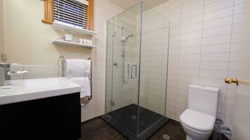 A bathroom with a glass-enclosed shower, a white toilet, and a black sink.