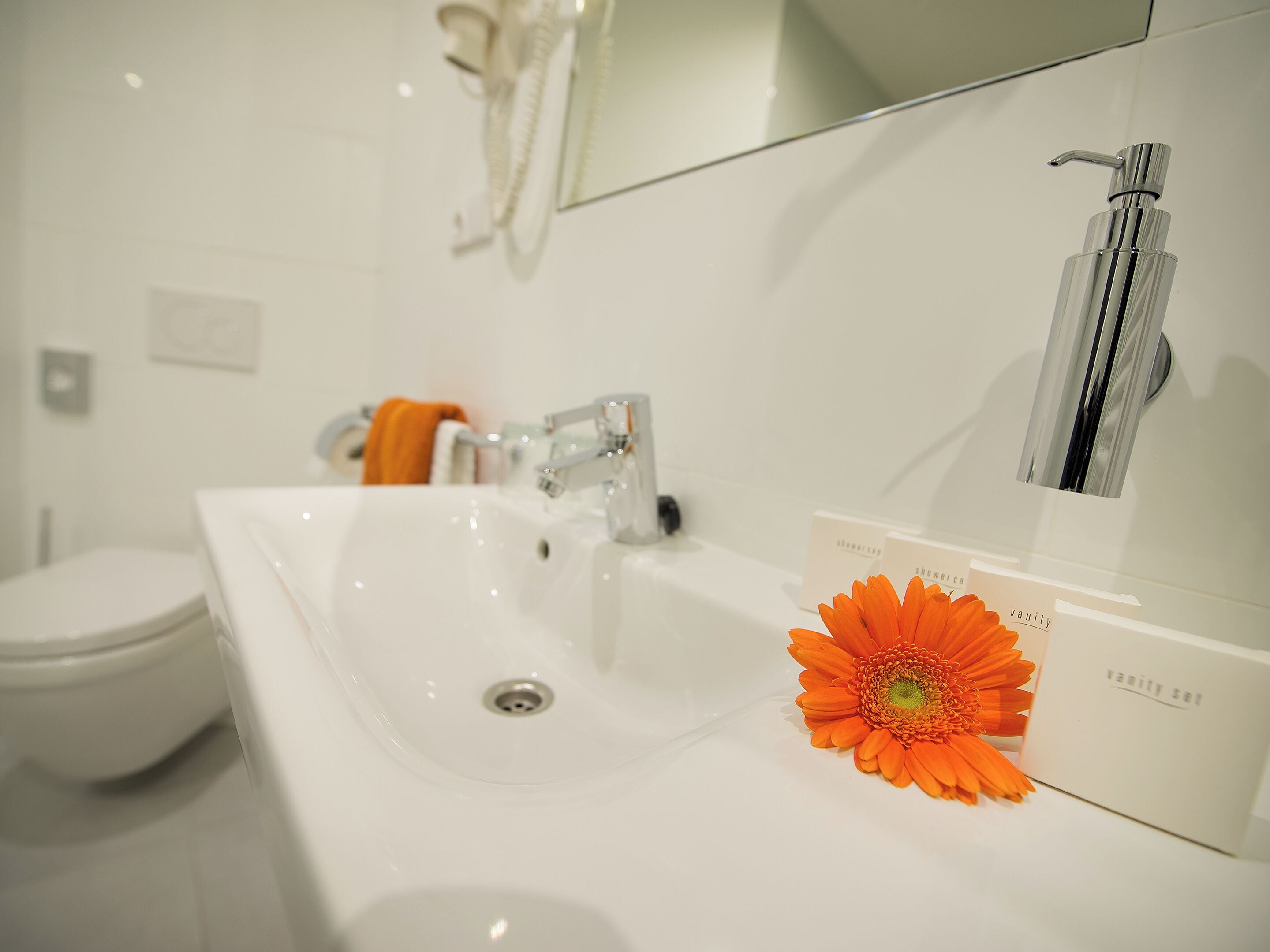 combined shower/bathtub, free toiletries, hair dryer, bathrobes