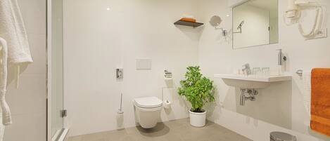 A modern bathroom with a glass shower enclosure, a toilet, a sink, a mirror, and a trash can.