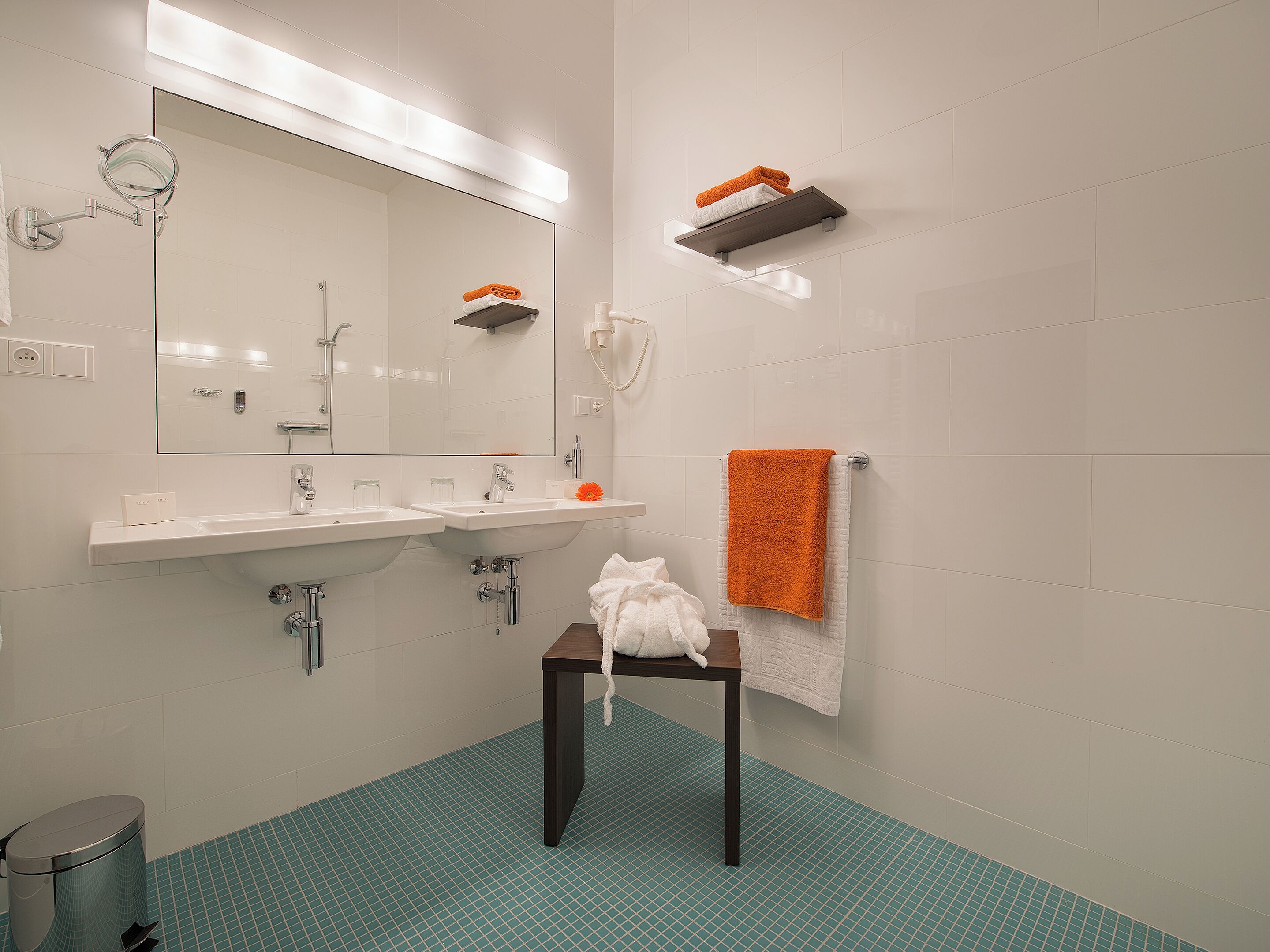 combined shower/bathtub, free toiletries, hair dryer, bathrobes