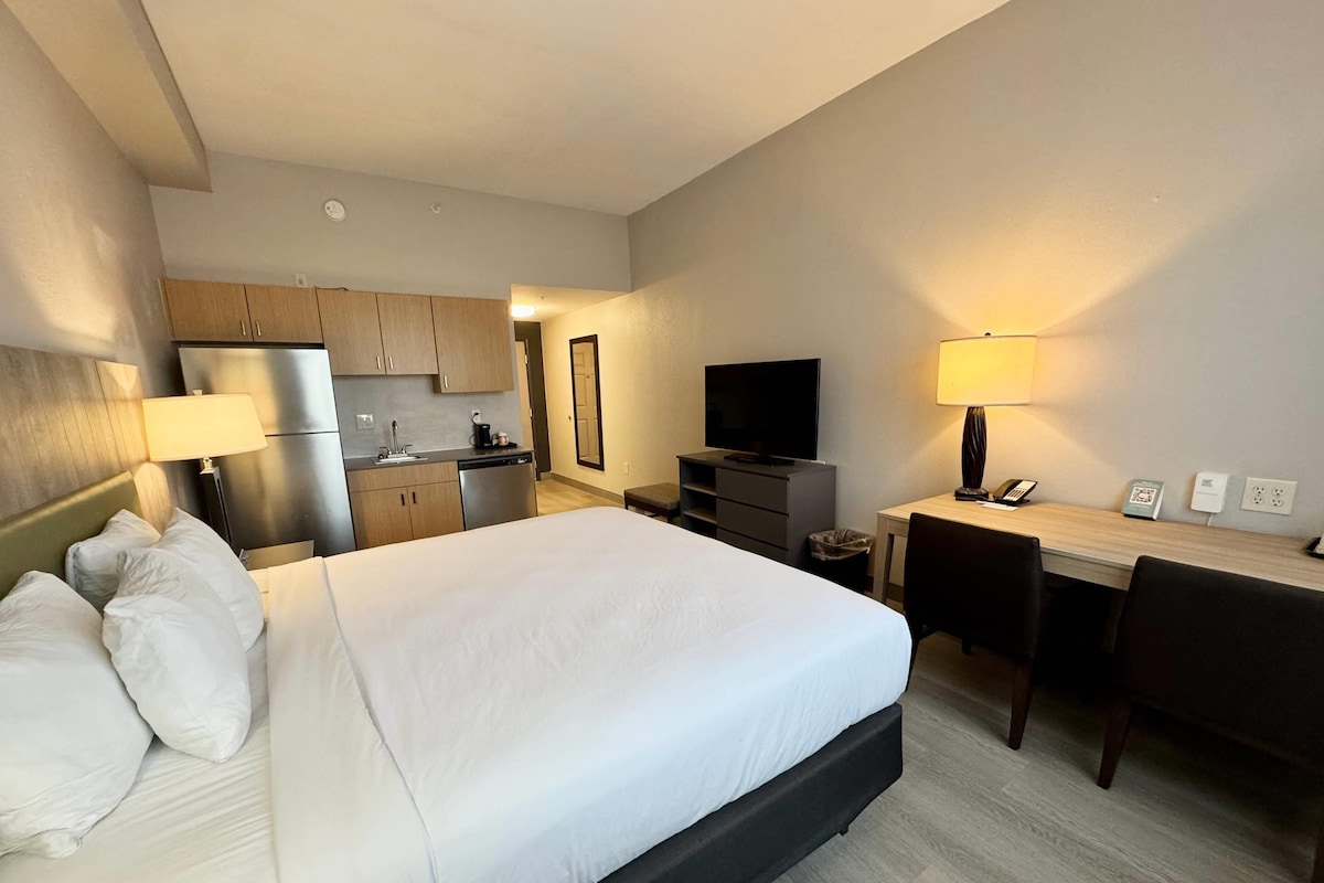 Quarto de hotel com cama, escrivaninha, televisão, cozinha compacta e banheiro.