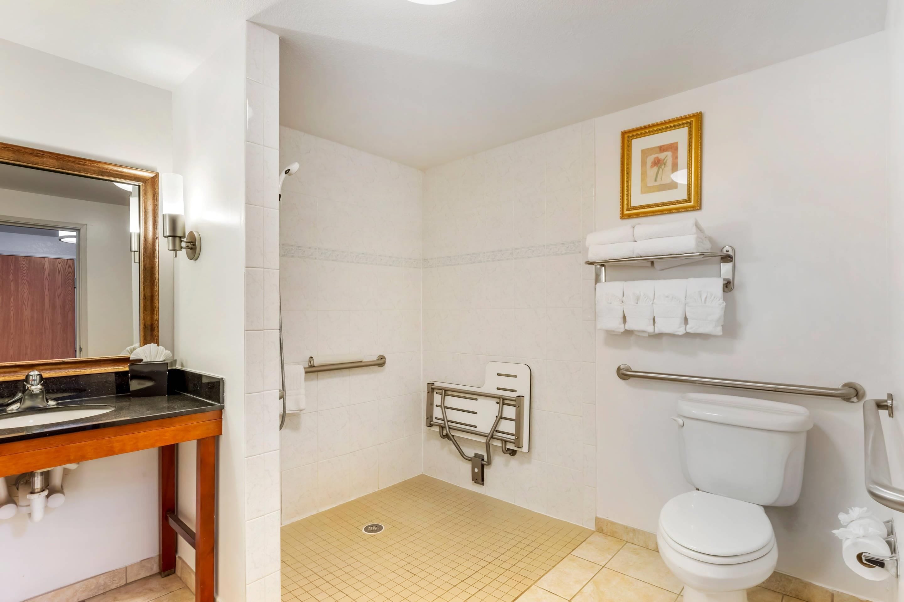 A bathroom with a sink, toilet, shower, and grab bars.