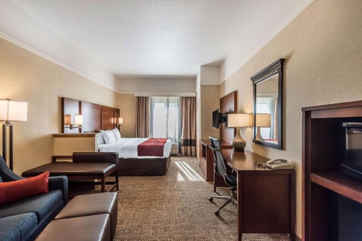 Habitación de hotel con cama, escritorio, sillón, sofá y televisor.