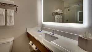 A bathroom with a large mirror, a sink, and a towel rack. - Holiday Inn Express Lexington North-Georgetown by IHG (Georgetown)