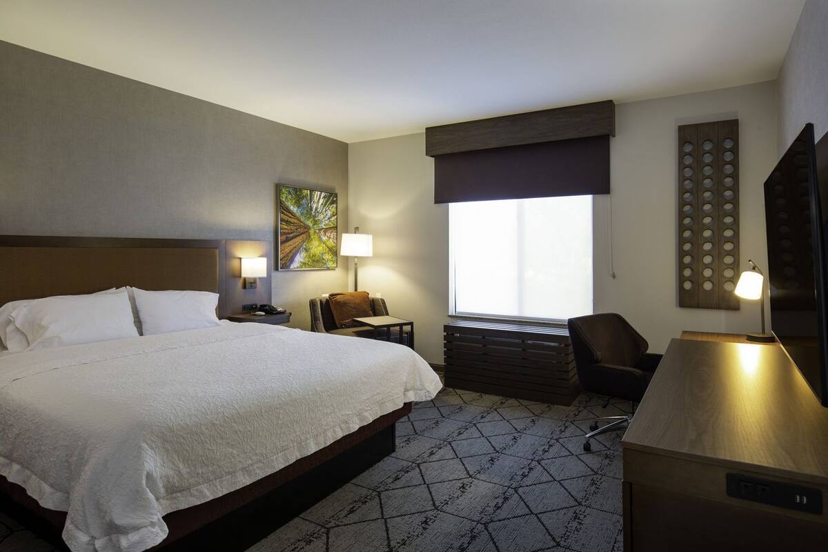 A hotel room with a large bed, a desk, a chair, a window with blinds, a painting on the wall, and a TV.
