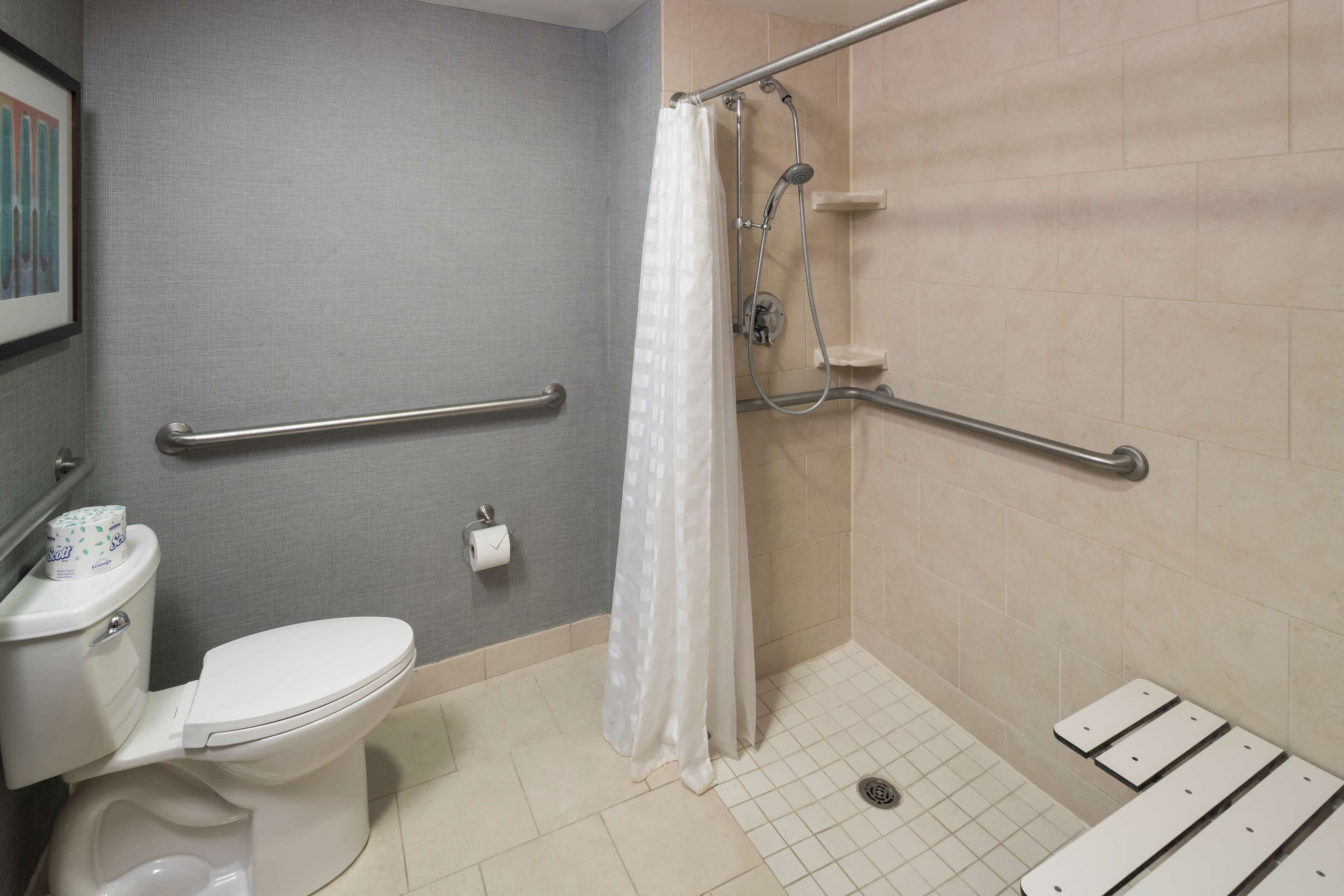 A bathroom with a toilet, a shower with a grab bar, and a handrail.