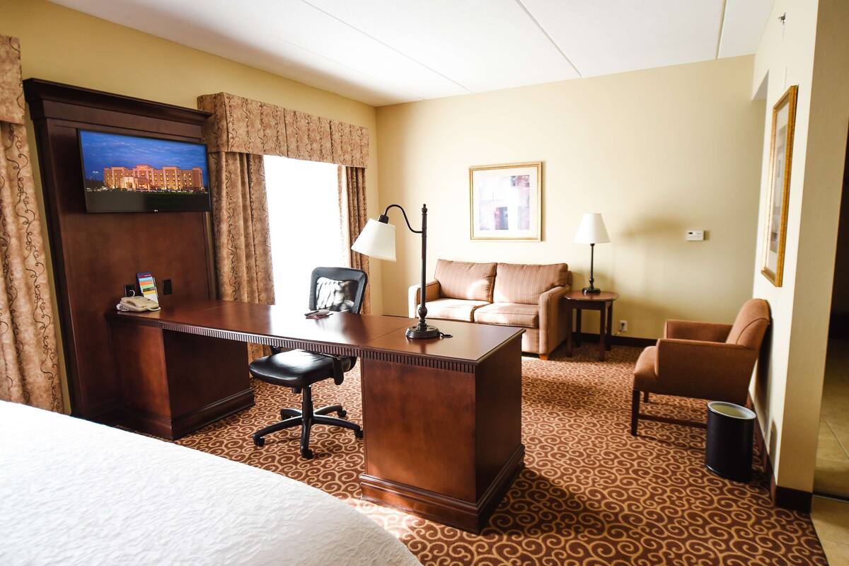 Una camera d'albergo con un letto, una scrivania con una sedia, un televisore fissato alla parete, un comodino con una lampada, un divano e un quadro appeso al muro.