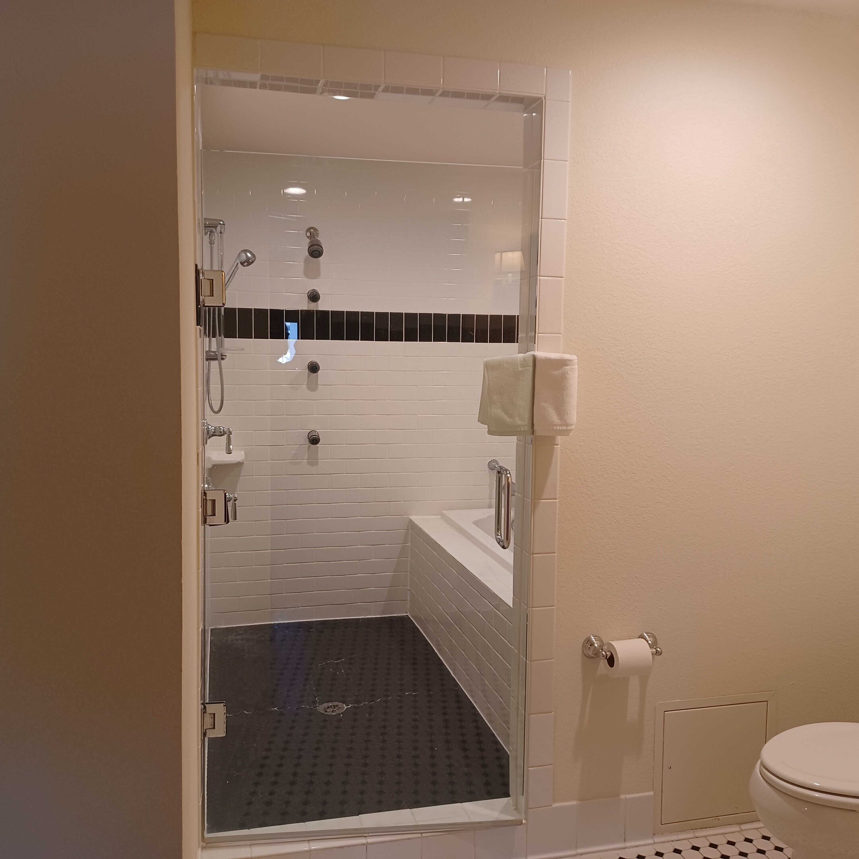 A modern bathroom with a glass-enclosed shower, a bathtub, and a toilet.