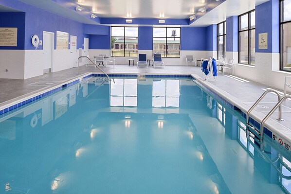 Indoor pool, open 9:00 AM to 10:00 PM, sun loungers