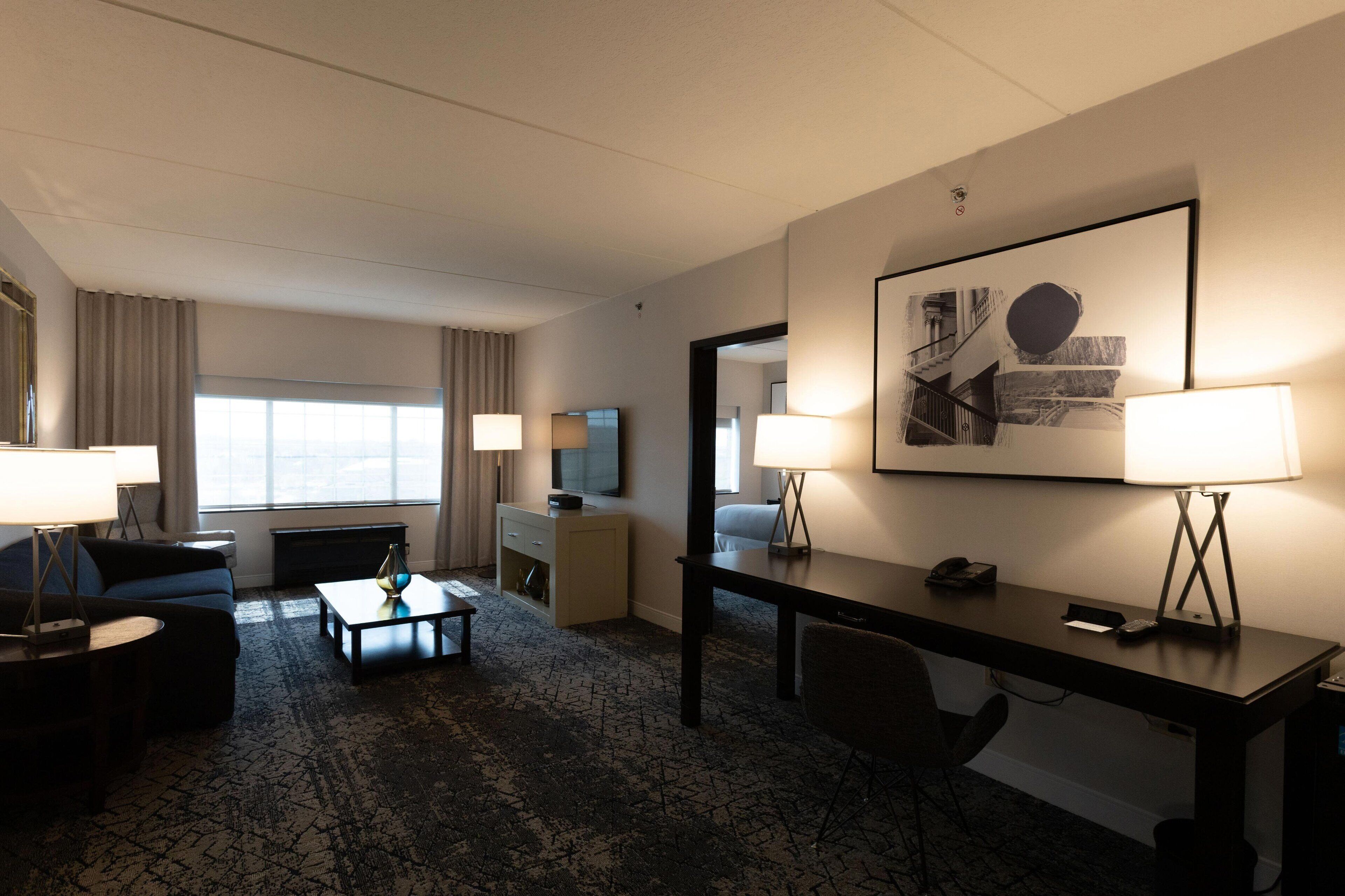 premium bedding, desk, blackout curtains, iron/ironing board