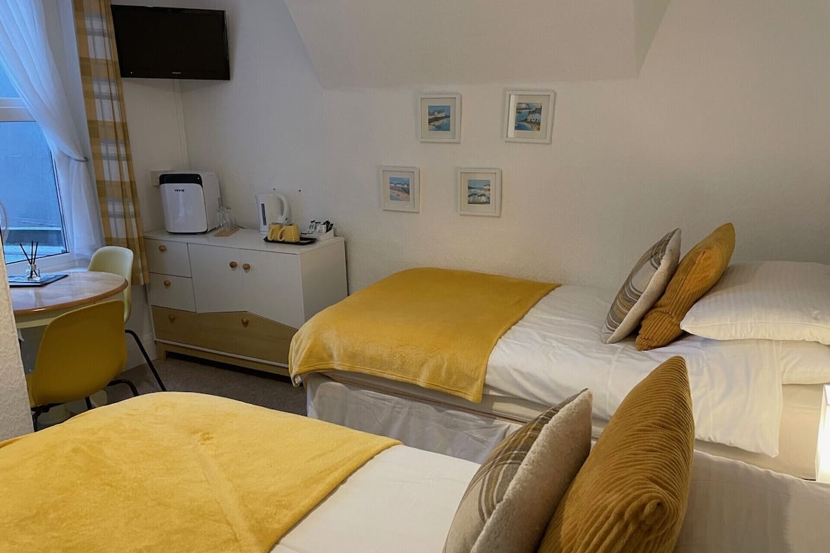 A hotel room with two beds, a desk, a chair, a TV, and a window with curtains.