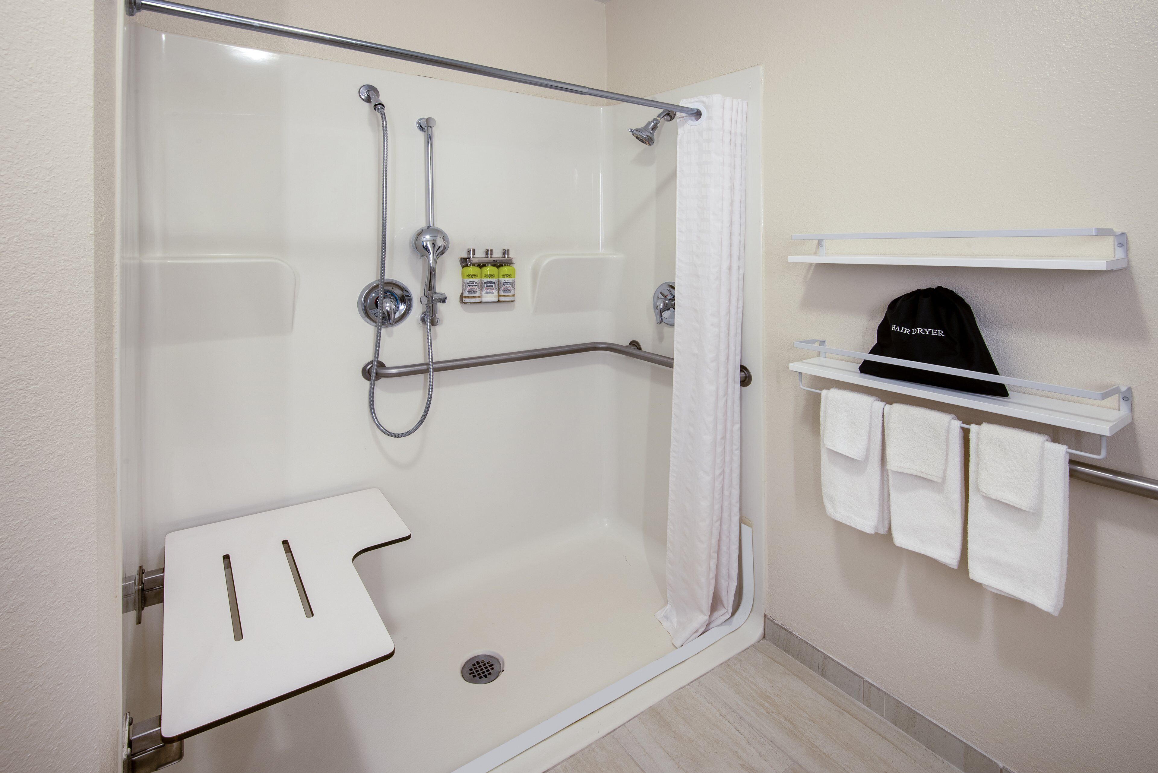 studio suite, 2 double beds, mobility accessible (communications) | bathroom | combined shower/bathtub, hair dryer, towels